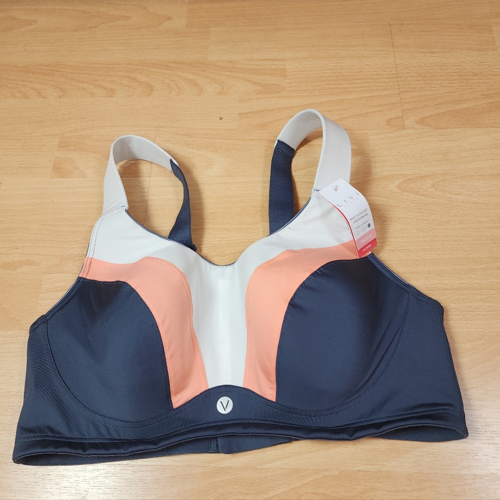 NWT‎ LIVI Lane Bryant Max Support Wicking Underwire Sports Bra Blue Pink 38DDD